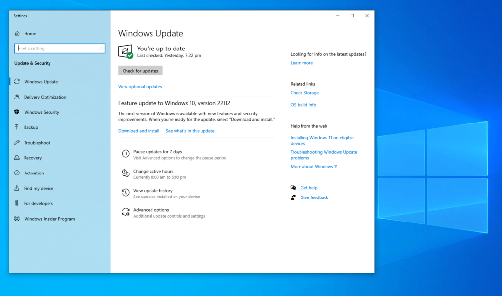 windows update application window