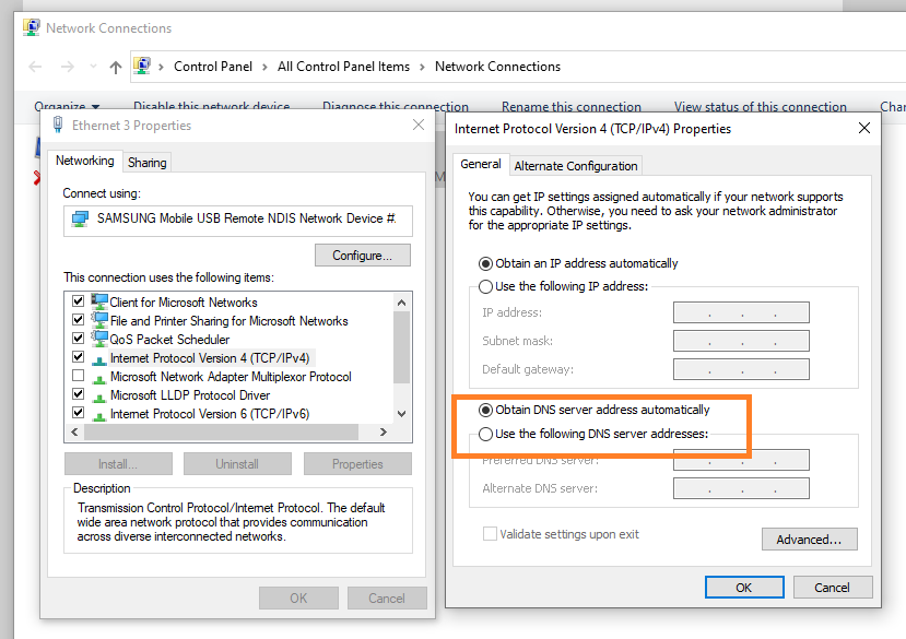 Windows DNS settings