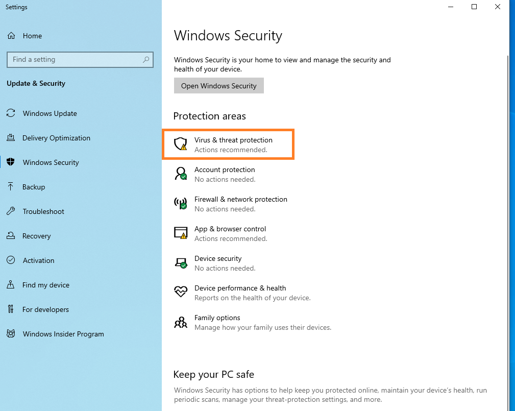 windows security virus and threat protection option